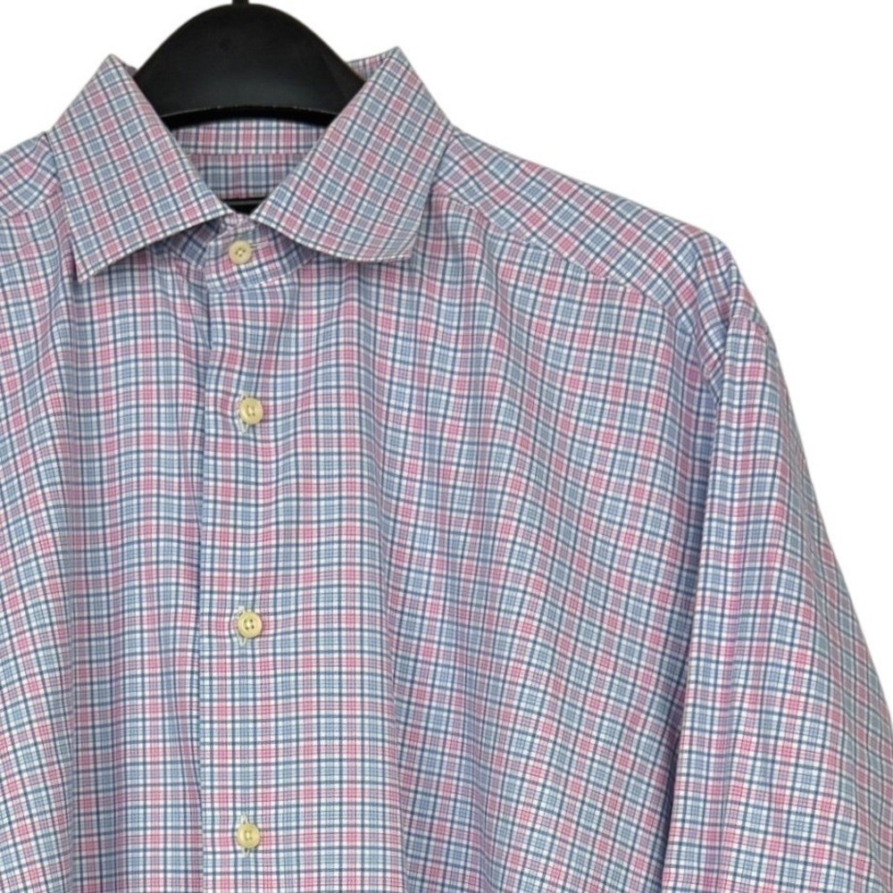 David Donahue Dress Shirt Mens 17 34/35 Cotton Blue Pink Plaid Spread Collar